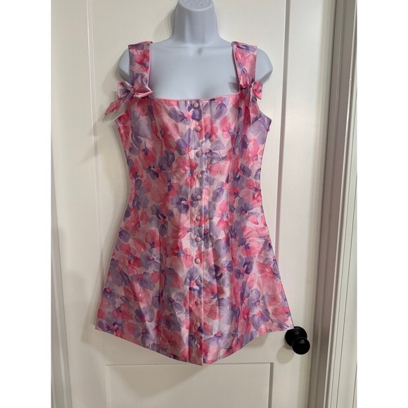 Sugar Thrillz Floral Mini Dress Corset Back Tie Straps Pink Purple L - Picture 1 of 5